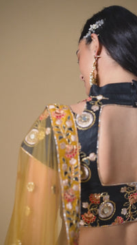 Gold Soft Net Mirror Embroidered Lehenga Choli Set