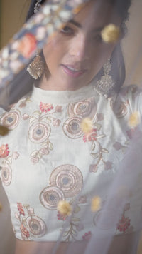 Grey Soft Net Mirror Embroidered Lehenga Choli Set