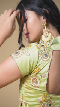Mehndi Soft Net Mirror Embroidered Lehenga Choli Set
