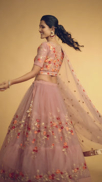 Dusty Pink Soft Net Zari Embroidered Lehenga Choli Set
