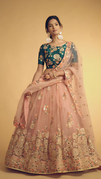 Peach Soft Net Zari Embroidered Lehenga Choli Set