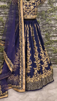 Blue Raw Silk Embroidered Bridal Lehenga Choli