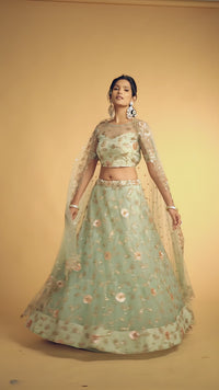 Sky Blue Soft Net Zari Embroidered Lehenga Choli Set
