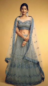 Mist Grey Soft Net Zari Embroidered Lehenga Choli Set