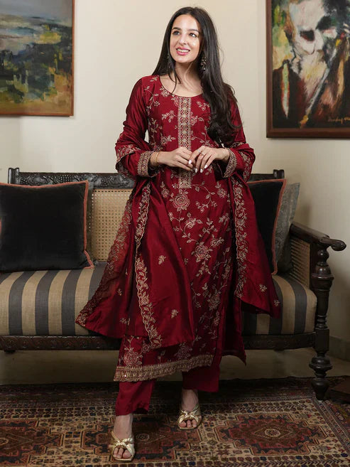 Wine Embroidered Vichitra Silk Suit Set