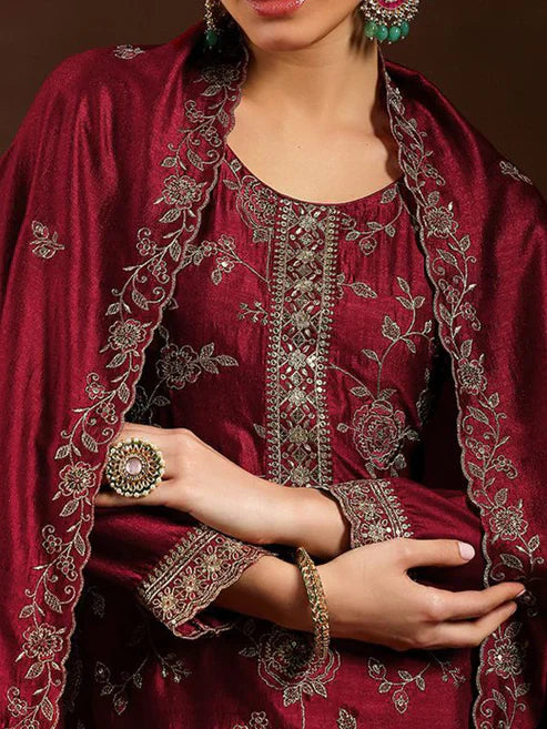 Wine Embroidered Vichitra Silk Suit Set
