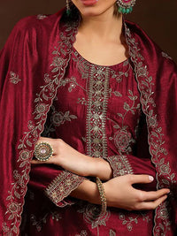 Wine Embroidered Vichitra Silk Suit Set