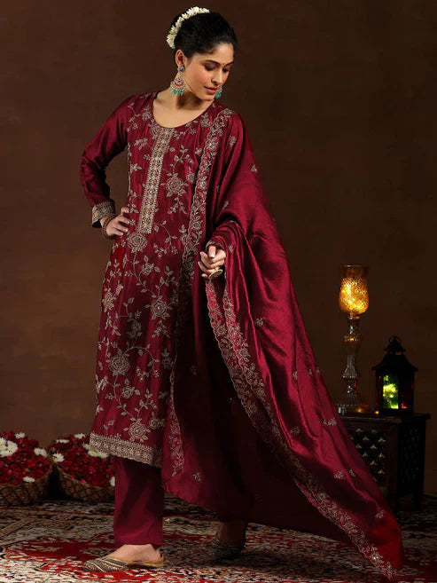 Wine Embroidered Vichitra Silk Suit Set