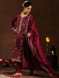 Wine Embroidered Vichitra Silk Suit Set