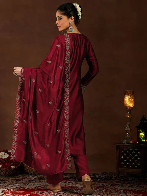 Wine Embroidered Vichitra Silk Suit Set
