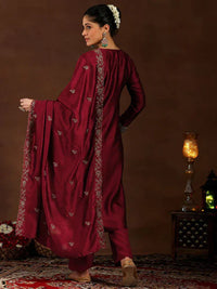 Wine Embroidered Vichitra Silk Suit Set
