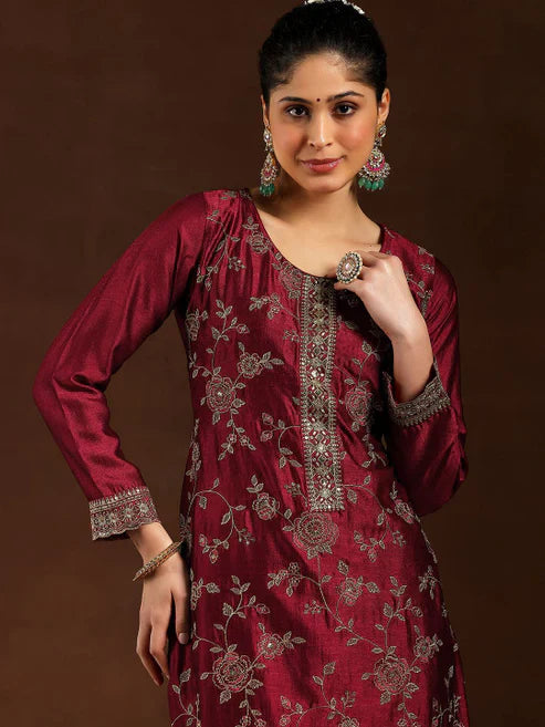 Wine Embroidered Vichitra Silk Suit Set